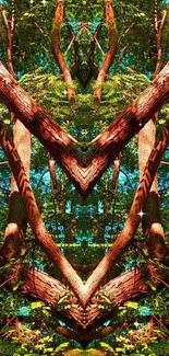 Symmetrical tree branch pattern with vivid greens and browns in a forest setting.