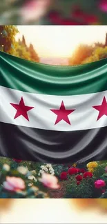 Syrian flag against vibrant garden backdrop.