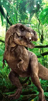 T-Rex standing in a vibrant green jungle setting.