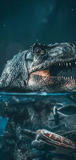 T-Rex dinosaur emerging from ocean water with marine life.