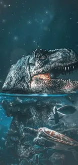 T-Rex emerges in a dark ocean scene with aquatic creatures.