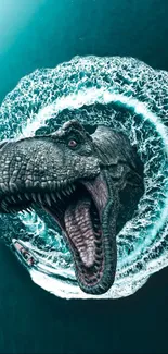 T-Rex bursting from ocean waves in a thrilling mobile wallpaper.