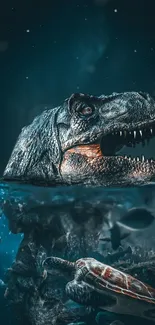 T-Rex and turtle underwater mobile wallpaper scene.