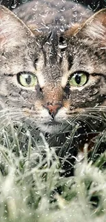 Tabby cat with green eyes in frosty grass, nature-inspired mobile wallpaper.