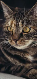 Close-up of a tabby cat with striking eyes resting.