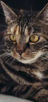 Close-up of a tabby cat with striking stripes and yellow eyes.