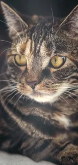 Close-up of a tabby cat on a mobile wallpaper with striking yellow eyes.