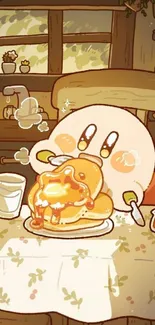 Cartoon character enjoying pancakes in a cozy kitchen setting.