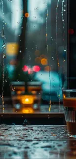 Cozy café window scene with rain and bokeh lights in warm brown tones.