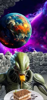 Alien with dessert in cosmic background wallpaper.