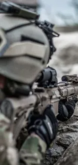 Army sniper in tactical gear aiming.