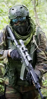 A soldier in tactical gear blends into dense forest foliage.