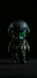 Tactical figurine with military gear on dark background.