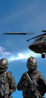 Tactical military forces with helicopter and blue sky background.