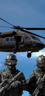 Tactical soldiers and helicopter against a clear blue sky.