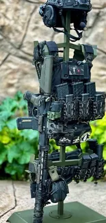 Tactical gear on stand with olive green backdrop.