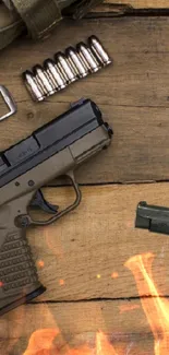 Tactical gear including a firearm and watch on wooden surface.