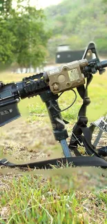 Tactical gear set on grassy landscape in the outdoors.