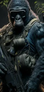 Tactical gorilla in military gear on a dark background.