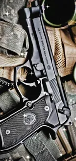 Black handgun resting on camouflage gear with military aesthetic.