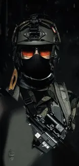 Tactical soldier in combat gear on dark background wallpaper.