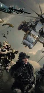 Dynamic military scene with helicopters and soldiers in tactical action.