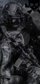 Tactical soldier with gear in dark setting.