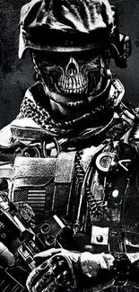 Grayscale tactical soldier with skull mask holding weapon.