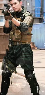 Person in tactical gear aiming sniper rifle.