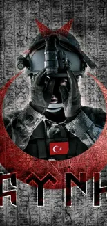 Tactical soldier with night vision goggles and red crescent in artistic wallpaper.