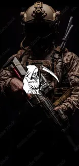 Tactical soldier with Grim Reaper art on black background.