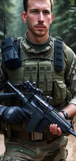 Soldier in camouflage gear walking through a forest path.