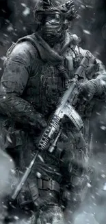 Gritty soldier in tactical gear with rifle, amidst a smoky gray scene.