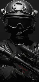 Tactical soldier in full gear with a black background for mobile wallpaper.