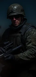 Tactical soldier at night in combat gear with a dark moody background.