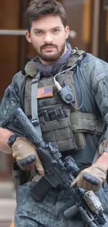 Tactical soldier in military gear holding a rifle.