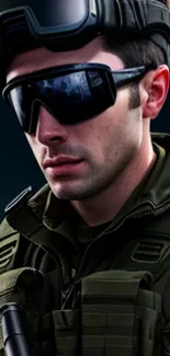 Soldier in tactical gear and dark sunglasses with a focused look.