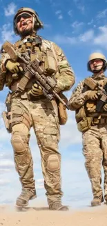 Two tactical soldiers walking in desert under blue sky.