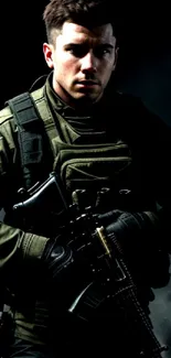 Tactical soldier in combat gear against dark background.