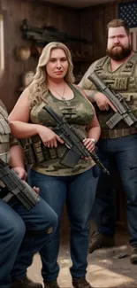 Trio in tactical camo gear, holding rifles in a rustic room.