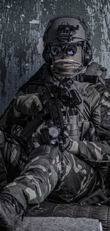 Tactical soldier in camo sitting with gear in urban setting.