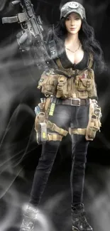 Female action figure in tactical gear set against a black background.