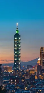 Taipei 101 shining at dusk with a vibrant cityscape backdrop.