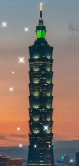 Taipei 101 glowing at twilight with city lights and a colorful sky.