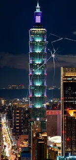 Taipei 101 tower illuminated against night sky, vibrant urban skyline.