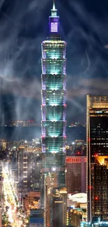 Nighttime view of Taipei 101 illuminating the city skyline.