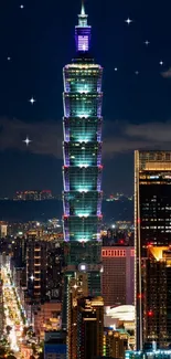 Taipei 101 illuminated at night with city lights.