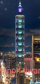 Night view of Taipei 101 lit against the city skyline.