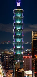 Taipei 101 illuminated against the night sky, capturing urban elegance.