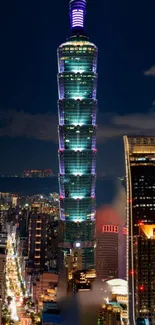 Taipei 101 illuminated at night against a city skyline.